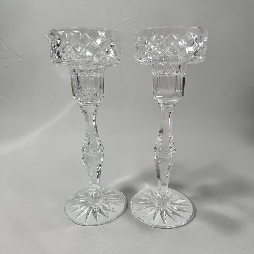 Waterford Tyrone Crystal Fintona 2 Diamond Cut Candle Holders Ireland 7 3/4 “